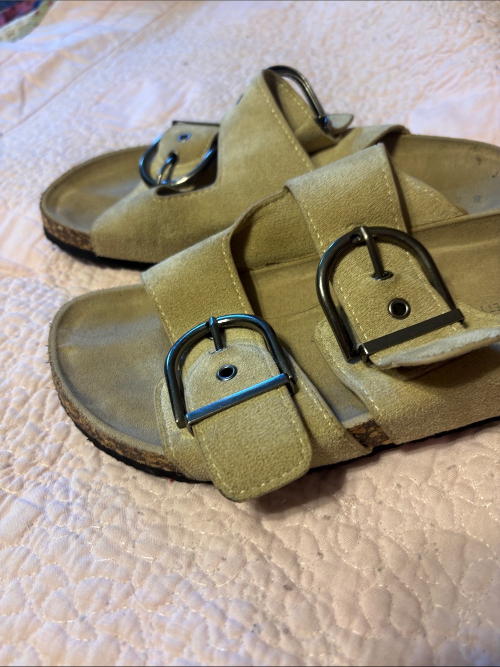 Streetwear Society Double Buckle Suede Slide Sandals in Light Tan